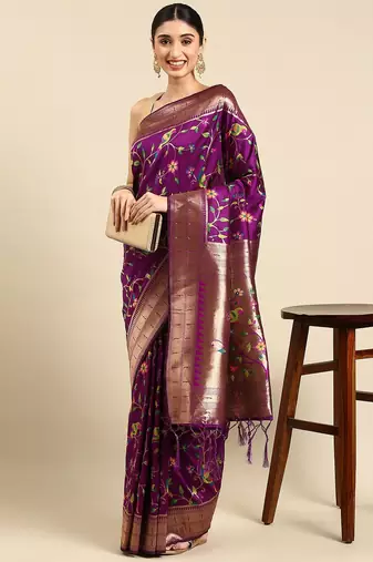 purple ethnic motifs zari silk blend paithani saree