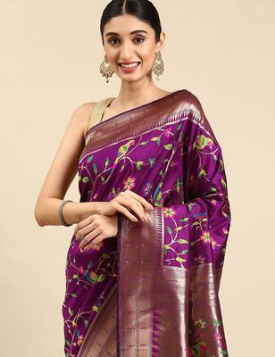 purple ethnic motifs zari silk blend paithani saree 2