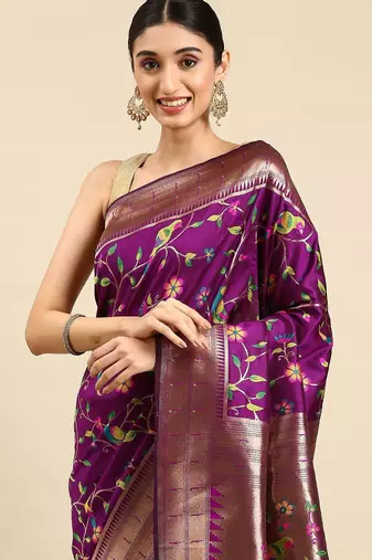 purple ethnic motifs zari silk blend paithani saree