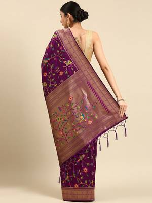 purple ethnic motifs zari silk blend paithani saree 3