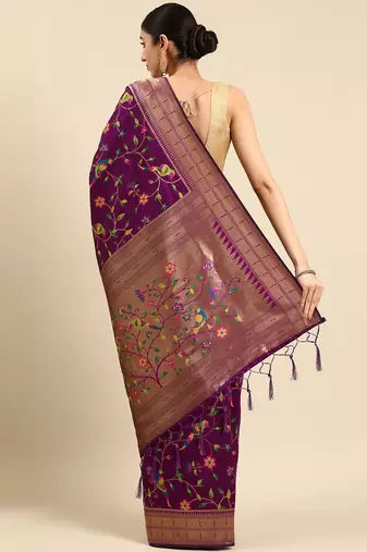 purple ethnic motifs zari silk blend paithani saree