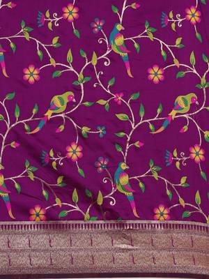 purple ethnic motifs zari silk blend paithani saree 4