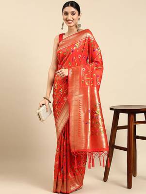 orange ethnic motifs zari silk blend paithani saree 1