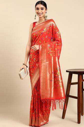orange ethnic motifs zari silk blend paithani saree