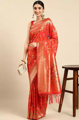 orange ethnic motifs zari silk blend paithani saree