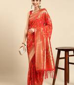 orange ethnic motifs zari silk blend paithani saree