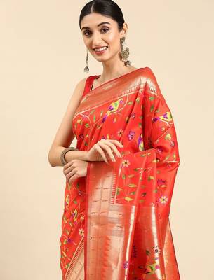 orange ethnic motifs zari silk blend paithani saree 2