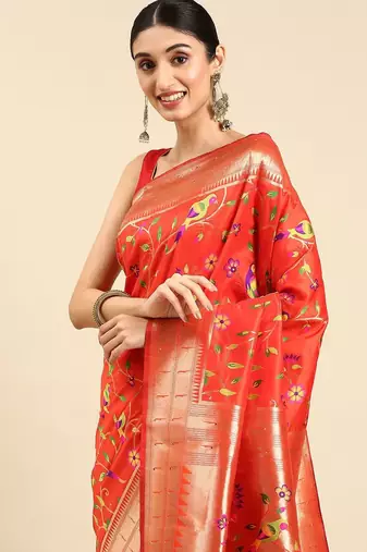 orange ethnic motifs zari silk blend paithani saree