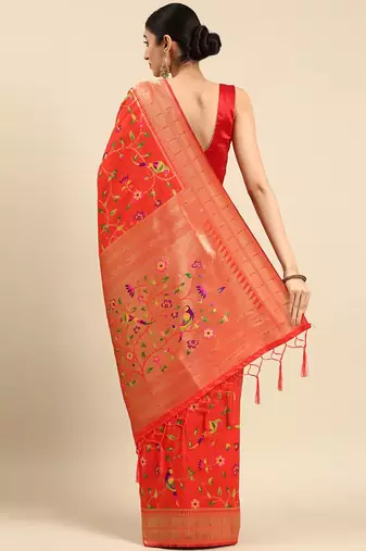 orange ethnic motifs zari silk blend paithani saree