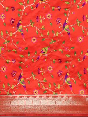 orange ethnic motifs zari silk blend paithani saree 4