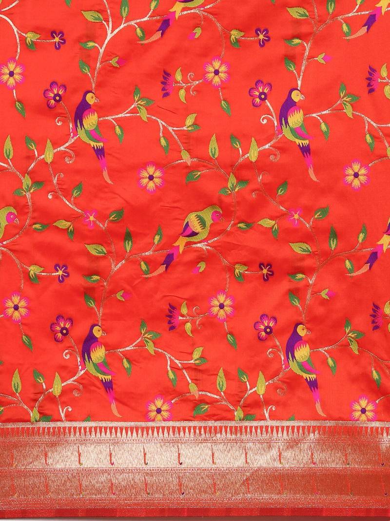 orange ethnic motifs zari silk blend paithani saree