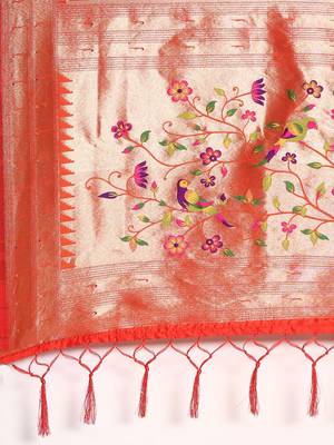 orange ethnic motifs zari silk blend paithani saree 5