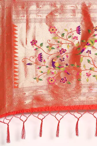 orange ethnic motifs zari silk blend paithani saree