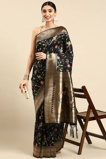 black ethnic motifs zari silk blend paithani saree