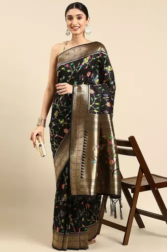 black ethnic motifs zari silk blend paithani saree