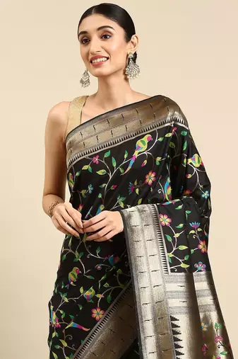 black ethnic motifs zari silk blend paithani saree