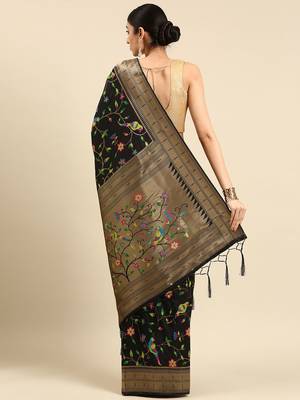 black ethnic motifs zari silk blend paithani saree 3