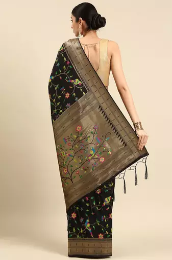 black ethnic motifs zari silk blend paithani saree
