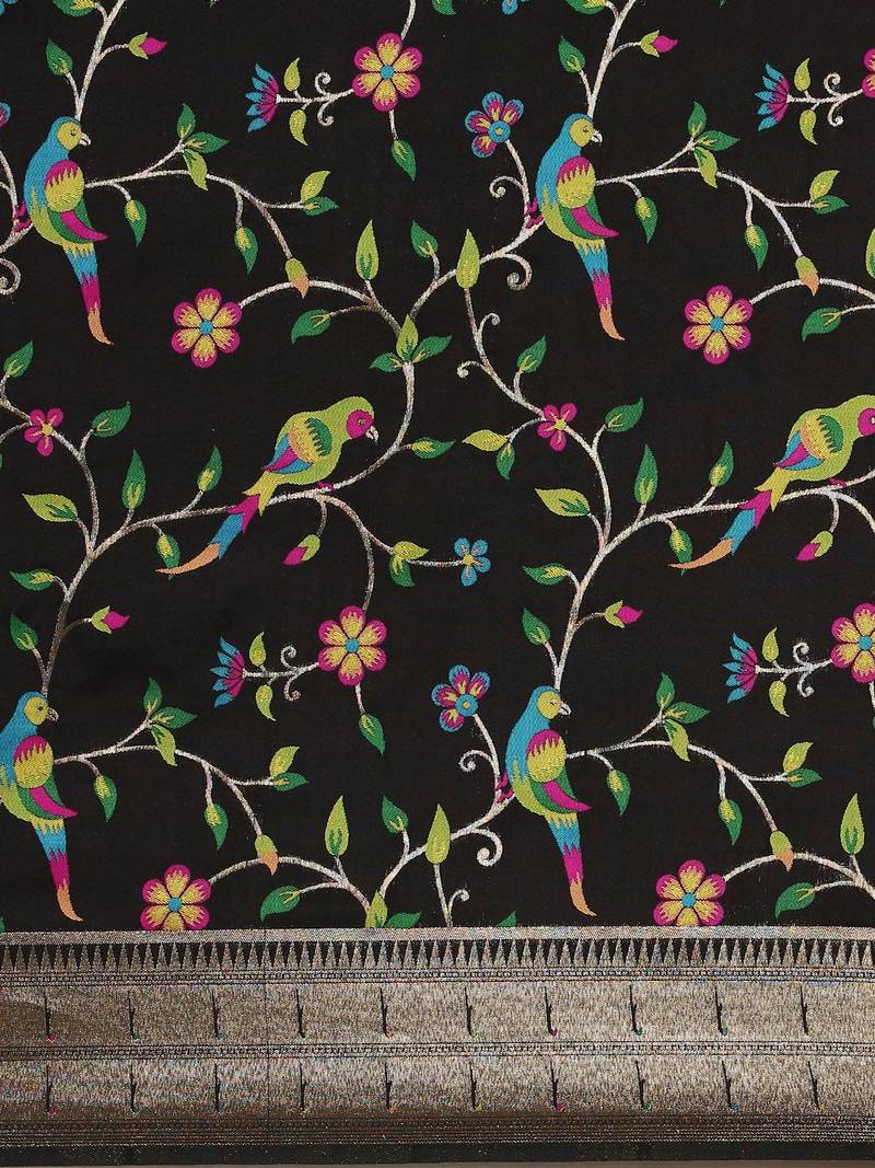 black ethnic motifs zari silk blend paithani saree