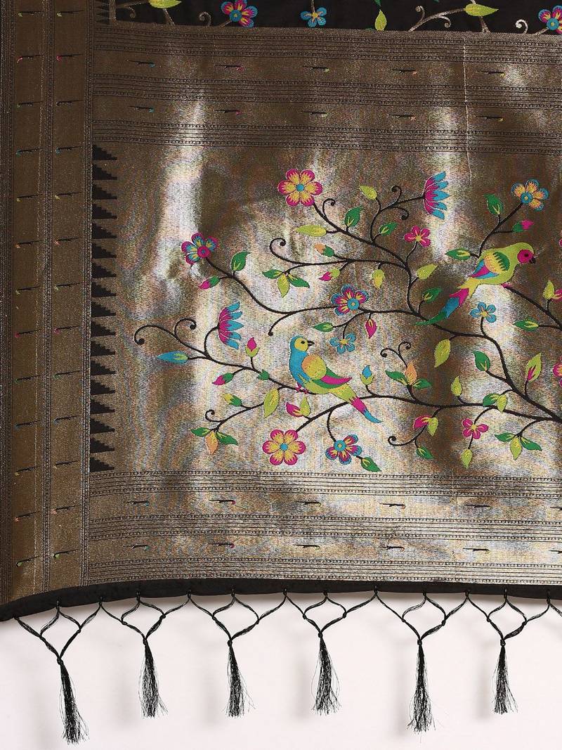 black ethnic motifs zari silk blend paithani saree