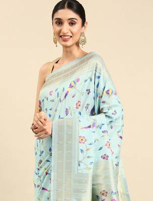 blue ethnic motifs zari silk blend paithani saree 1