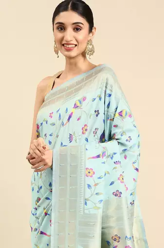 blue ethnic motifs zari silk blend paithani saree