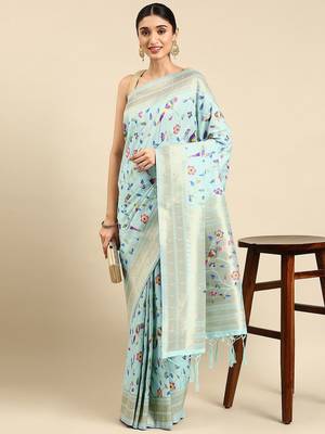 blue ethnic motifs zari silk blend paithani saree 2