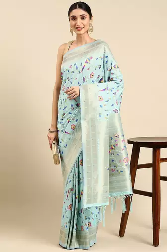 blue ethnic motifs zari silk blend paithani saree
