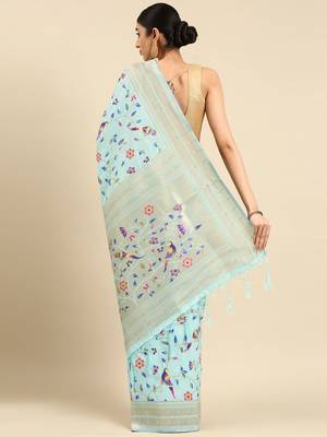 blue ethnic motifs zari silk blend paithani saree 3