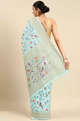 blue ethnic motifs zari silk blend paithani saree