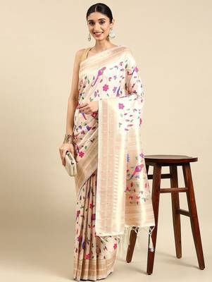 white ethnic motifs zari silk blend paithani saree 1