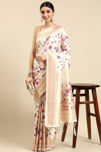 white ethnic motifs zari silk blend paithani saree