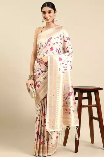 white ethnic motifs zari silk blend paithani saree