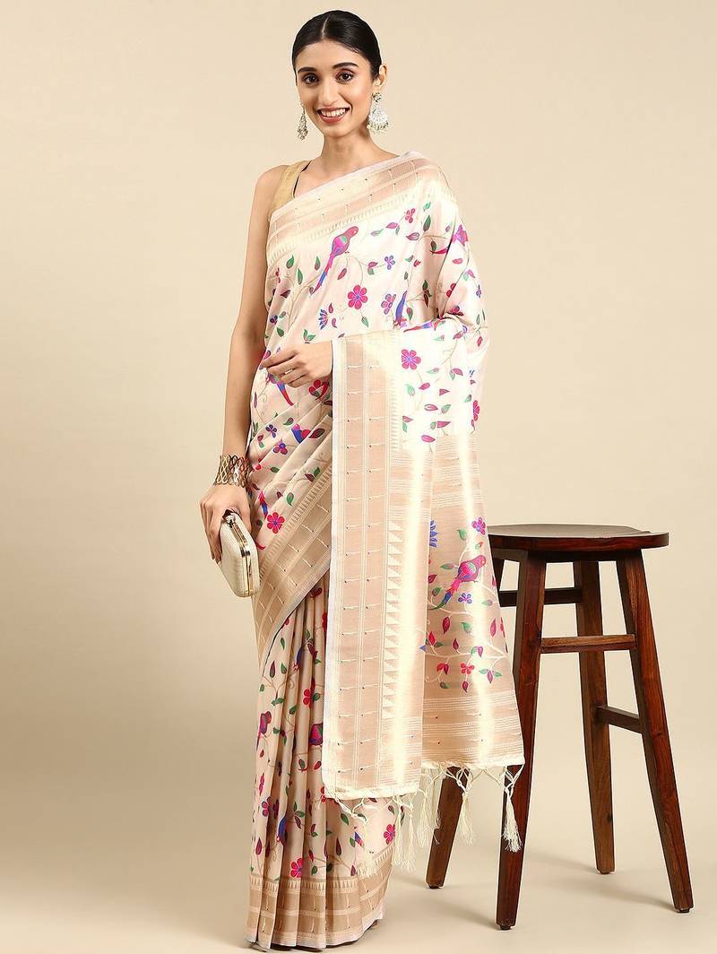 white ethnic motifs zari silk blend paithani saree