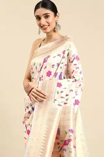 white ethnic motifs zari silk blend paithani saree