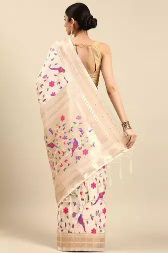 white ethnic motifs zari silk blend paithani saree