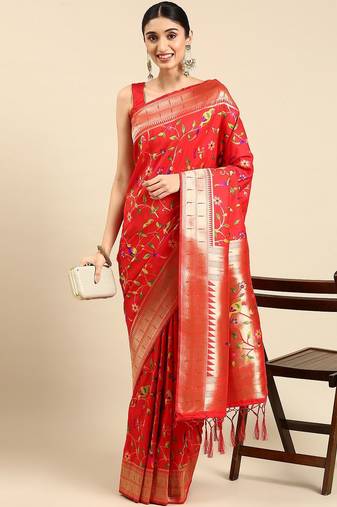red ethnic motifs zari silk blend paithani saree