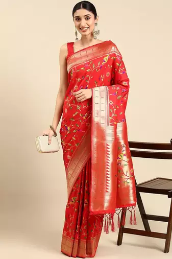 red ethnic motifs zari silk blend paithani saree