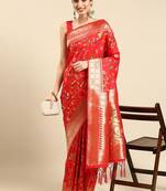 red ethnic motifs zari silk blend paithani saree