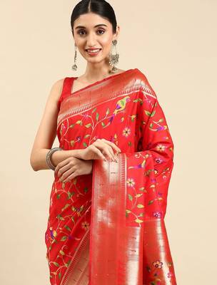 red ethnic motifs zari silk blend paithani saree 2