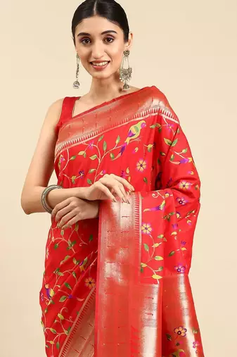 red ethnic motifs zari silk blend paithani saree