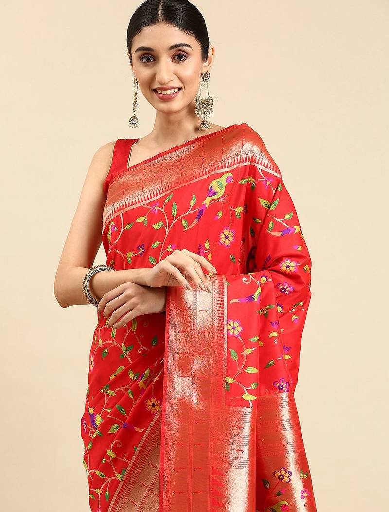 red ethnic motifs zari silk blend paithani saree