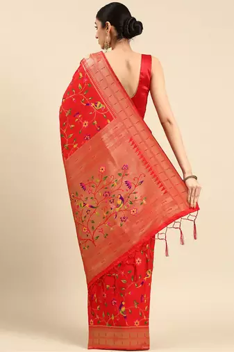 red ethnic motifs zari silk blend paithani saree