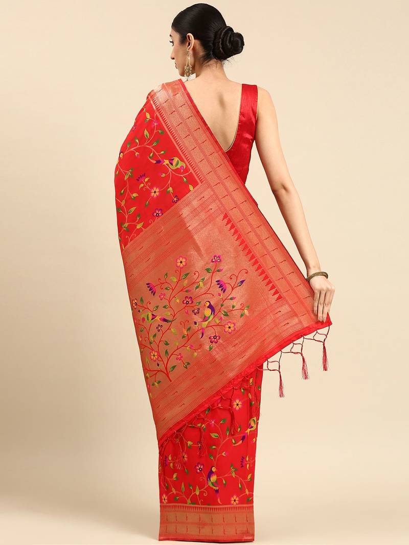 red ethnic motifs zari silk blend paithani saree