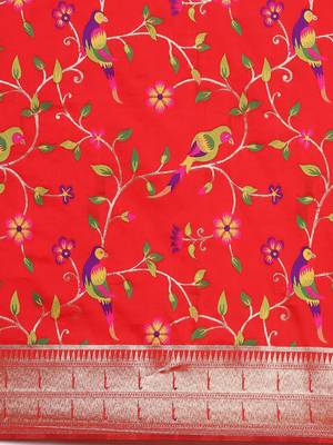 red ethnic motifs zari silk blend paithani saree 4