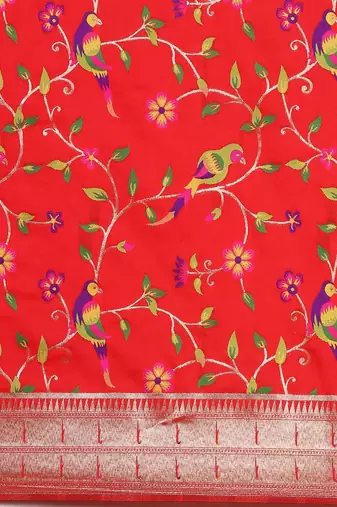 red ethnic motifs zari silk blend paithani saree