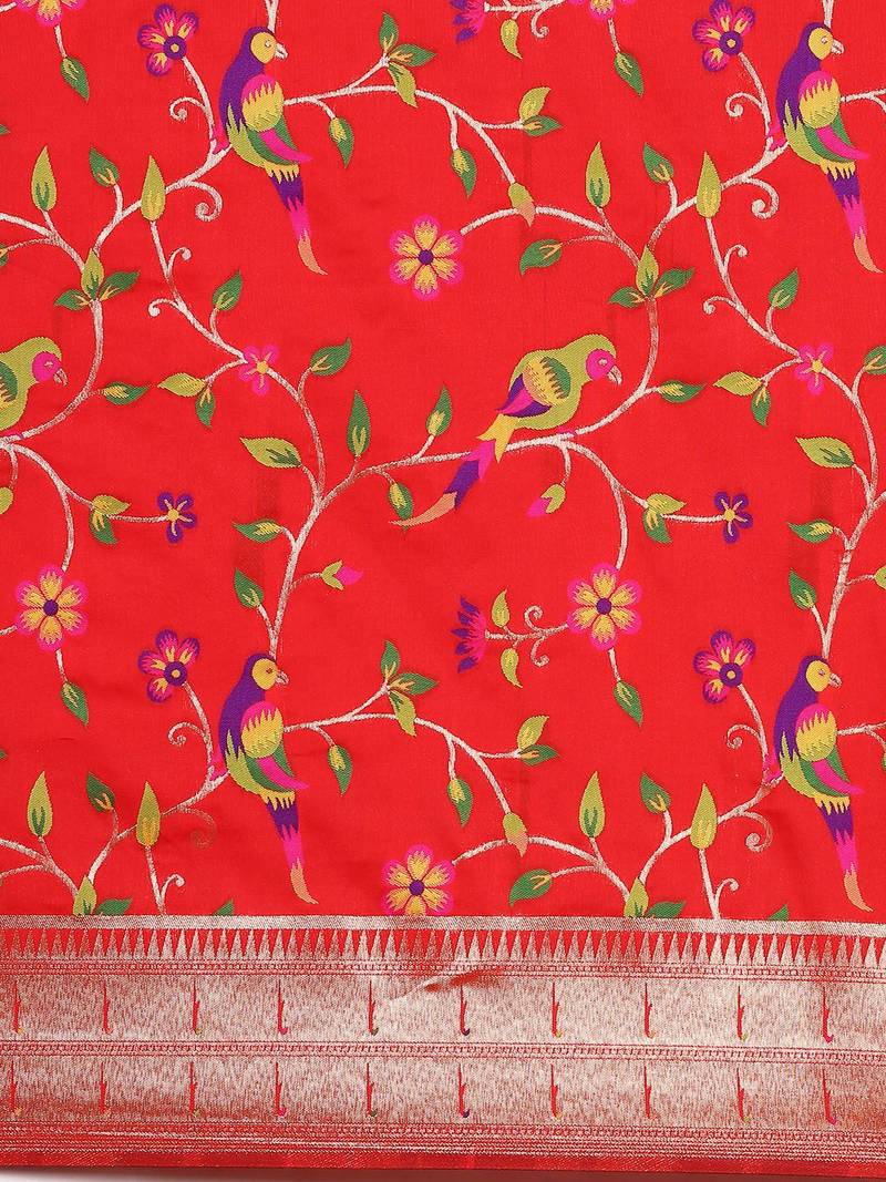 red ethnic motifs zari silk blend paithani saree