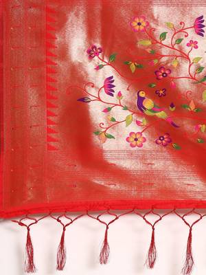 red ethnic motifs zari silk blend paithani saree 5