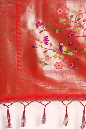 red ethnic motifs zari silk blend paithani saree