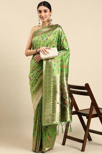olive ethnic motifs zari silk blend paithani saree